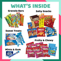 image of what's inside of the snack crate, including granola bars, salty snacks, sweet treats, fruity chewy snacks, and mints and gum